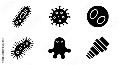 Collection of microscopic organism icons featuring bacteria shapes, virus particle symbols, microscopic view elements, and stylized germ illustrations on transparent background