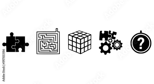 Collection of diverse black silhouette icons representing problem solving challenges like puzzles, labyrinths, mechanical gear systems, and universal question marks on transparent background