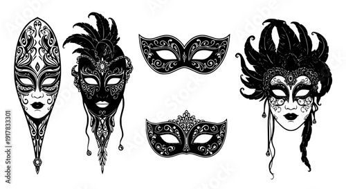 Collection of ornate black and white venetian masquerade carnival ball costume face masks featuring elaborate swirling patterns and feather embellishments on transparent background