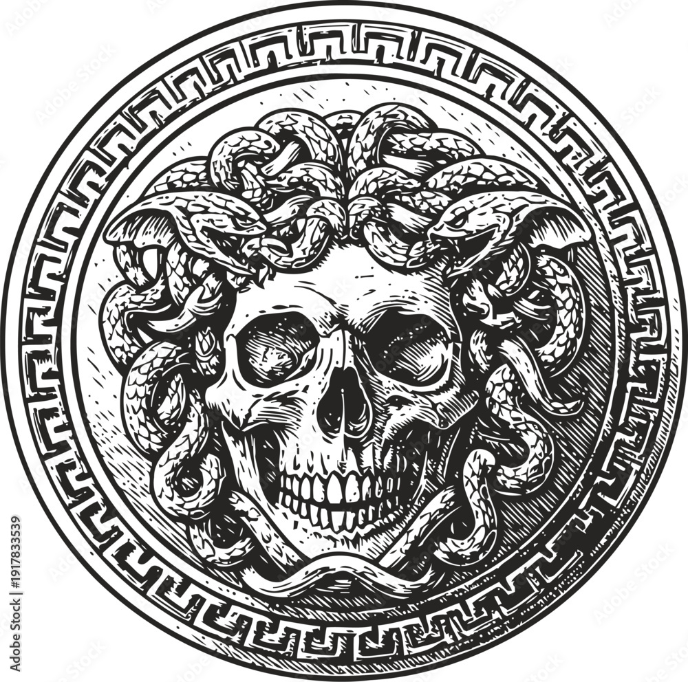 Fototapeta premium Skull with medusa snake hair in circular greek key frame, vintage mythology design