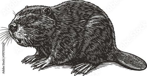 Beaver illustration detailed black and white engraving of a river beaver with fur texture and sharp claws