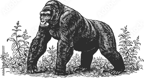 wild gorilla walking in dense forest foliage powerful primate animal in natural habitat illustration