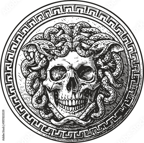 Skull with medusa snake hair in circular greek key frame, vintage mythology design