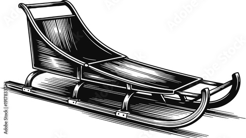 Vintage wooden sled with curved runners and slatted seat, classic winter snow vehicle illustration
