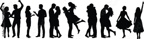 Romantic couple silhouettes dancing together, isolated black figures expressing love, passion, relationship, celebration, happiness and modern romance lifestyle