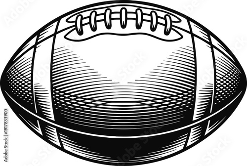 American football ball illustration vintage engraving style, oval shape with stitching and stripes