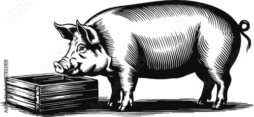 Black and white engraving of pig standing next to wooden trough, farm animal illustration