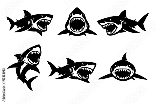 Aggressive shark silhouette icons set with open jaws. Black marine predator symbols isolated on white background for logo, mascot and tattoo design.