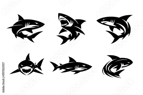 Shark silhouettes collection in tribal style. Black predator fish logos and tattoo designs isolated on white background.
