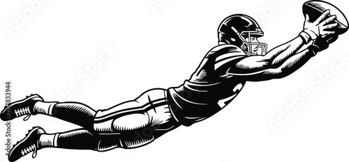 American football player diving to catch ball in dynamic action pose illustration