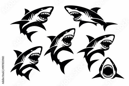 Aggressive shark silhouette logo set in bold black style, powerful marine predator emblems for sport teams, branding and tattoo design.