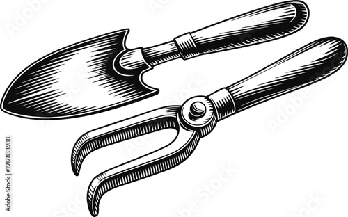 Vintage garden tools illustration of hand trowel and hand cultivator for planting and soil cultivation