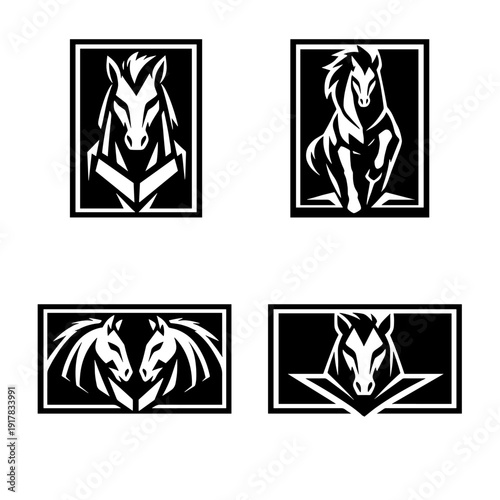 Horse head logo set in bold black and white style, powerful equestrian emblem collection for sport teams, racing clubs and luxury branding.