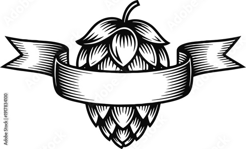 vintage hop cone with ribbon banner beer brewing craft emblem design, floral plant decoration