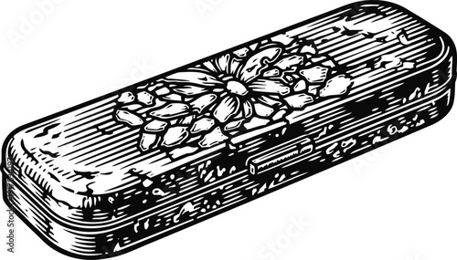 Vintage floral pencil case with decorative flower and intricate engraved design