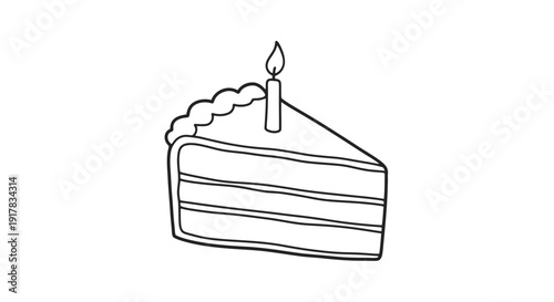 Simple Line Drawing of Birthday Cake Slice.