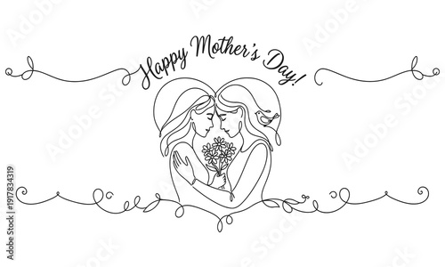 Mother and baby line art vector illustration, mothers day celebration one line Icon drawing with white background