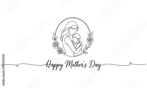 Mother and baby line art vector illustration, mothers day celebration one line Icon drawing with white background