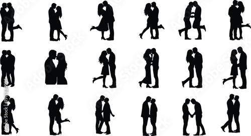 Romantic couple silhouettes set featuring kissing, hugging and loving poses isolated on white background vector illustration collection