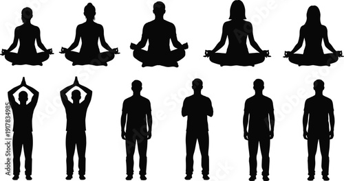 Yoga and meditation silhouettes collection with men and women in lotus pose isolated on white background vector illustration