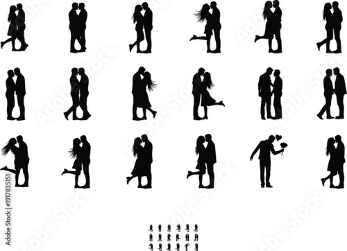 Romantic couple silhouettes collection with kissing lovers and affectionate poses isolated on white background vector illustration set