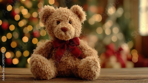 Festive Teddy Bear with Red Bow on Wooden Surface, Christmas Bokeh Background, Celebratory Still Life