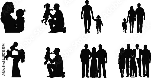 Family silhouettes collection featuring parents and children walking, playing and standing together isolated on white background vector illustration
