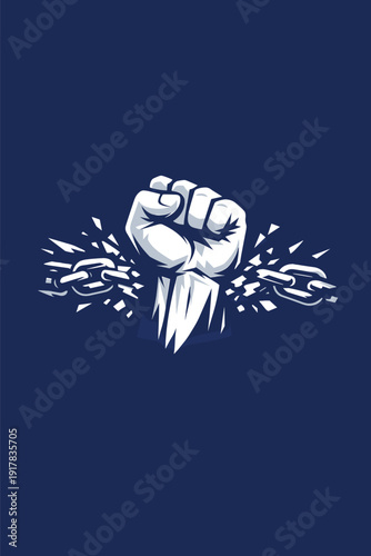 Raised fist breaking chain symbol of freedom, resistance and empowerment in bold monochrome illustration on dark blue background.