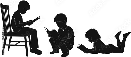 Children reading silhouettes kids sitting and lying with books isolated on white background education flat vector illustration collection