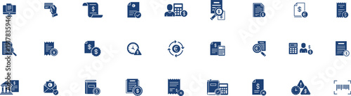 accounting icons set showing financial documents, tax calculation tools, auditing magnifying glasses, currency symbols, banking reports, and professional bookkeeping graphics.