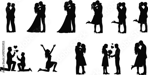 Romantic couple silhouettes collection featuring kissing, proposal and wedding scenes isolated on white background vector illustration set