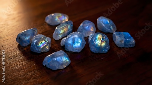 Collection of natural blue labradorite gemstones with iridescent flash displaying rainbow colors on wooden surface for jewelry making and crystal healing.