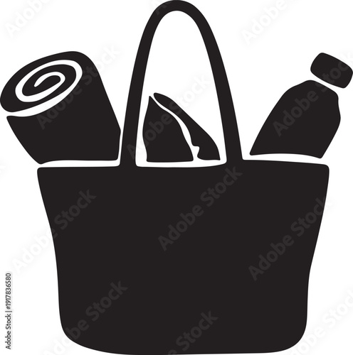 Beach bag vector illustration with towel, sunscreen, and water bottle inside