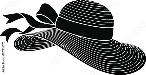 Black silhouette of elegant ladies sun hat with ribbon bow vector illustration
