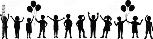 Black silhouettes of happy children standing in a row holding balloons and cheering on a white background for celebration designs.