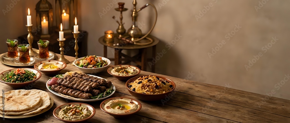 Fototapeta premium Traditional Middle Eastern feast spread on wooden table with candlelight ambiance featuring hummus, grilled meats, flatbread and authentic dishes for dining.