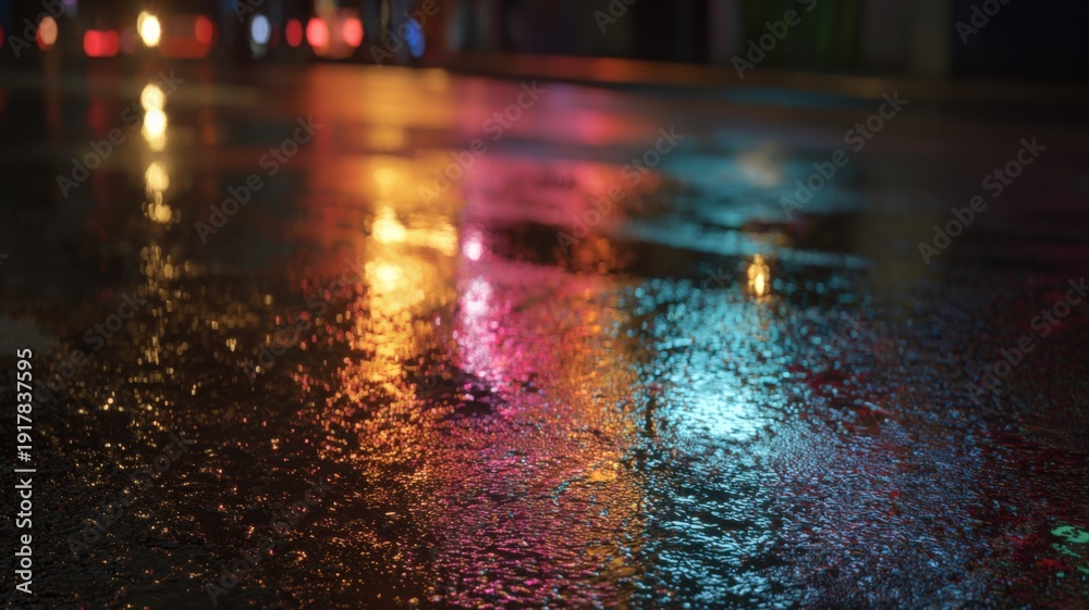 Naklejka premium City Street After Rain at Night Reflecting Colorful Lights Creating a Wet and Atmospheric Urban Landscape