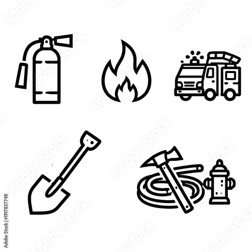 Fire safety and firefighting outline icon set with extinguisher, flame, fire truck, shovel, hose and hydrant for emergency and rescue concepts.