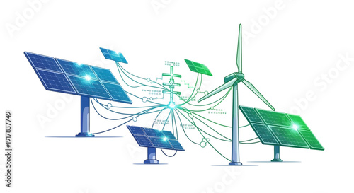 Renewable Energy Sources Solar Panels and Wind Turbines Generating Electricity.