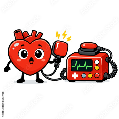Cute cartoon heart character using defibrillator machine. Funny medical illustration about cardiology, emergency care and heart health concept.