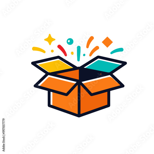 Open gift box icon with colorful surprise elements in modern flat design style isolated on white background, concept of unboxing.