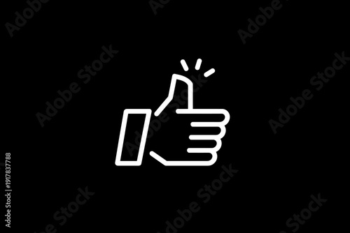 Thumbs up like icon in white outline on black background representing approval, feedback, rating and social media interaction.