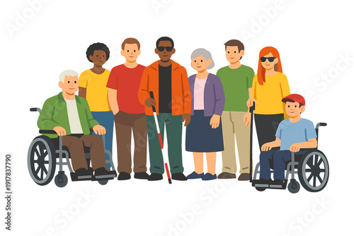 Diverse group of people including seniors and individuals with disabilities, inclusive community illustration promoting equality, accessibility and diversity.