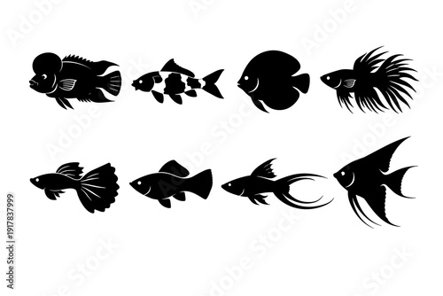 Aquarium fish silhouette icon set with tropical and freshwater species in black flat design style isolated on white background.