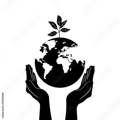 Black and white eco concept illustration of planet Earth held in human hands with a growing plant. Vector illustration in silhouette style.