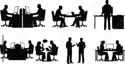 Office workers silhouettes set business people working on computers meeting discussion isolated on white background corporate flat vector illustration collection