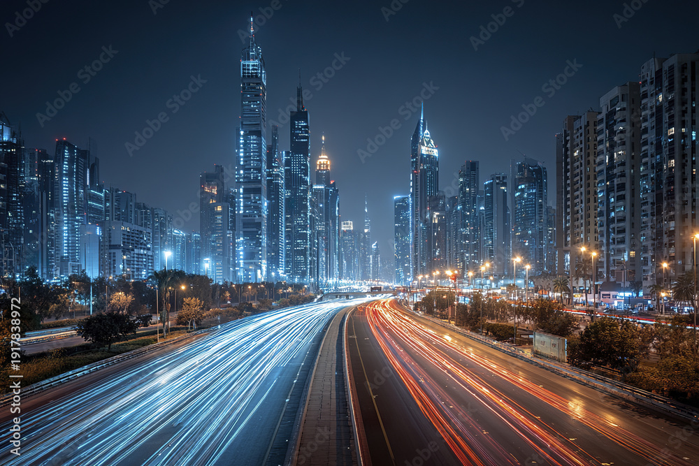 Obraz premium Nighttime city skyline with highway traffic light trails showing vibrant urban energy and modern skyscrapers illuminated against dark sky, capturing dynamic movement and city life