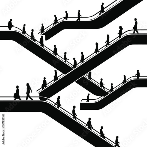 Black silhouettes of people on escalators, commuters in a modern transit hub or shopping mall, urban motion, isolated on white (20 words)