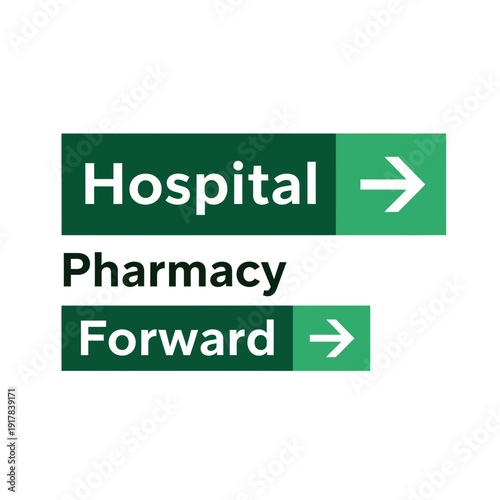 Hospital and Pharmacy Directional Signage, Green and White Design, Guidance Illustration