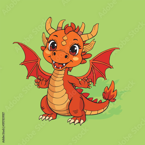 Vector illustration of a cute cartoon red dragon with big eyes and wings on a green background